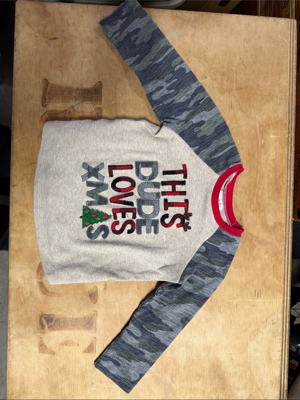 Mud Pie Gray Tee with Camo Sleeves and Red Trim - Kids Long Sleeve